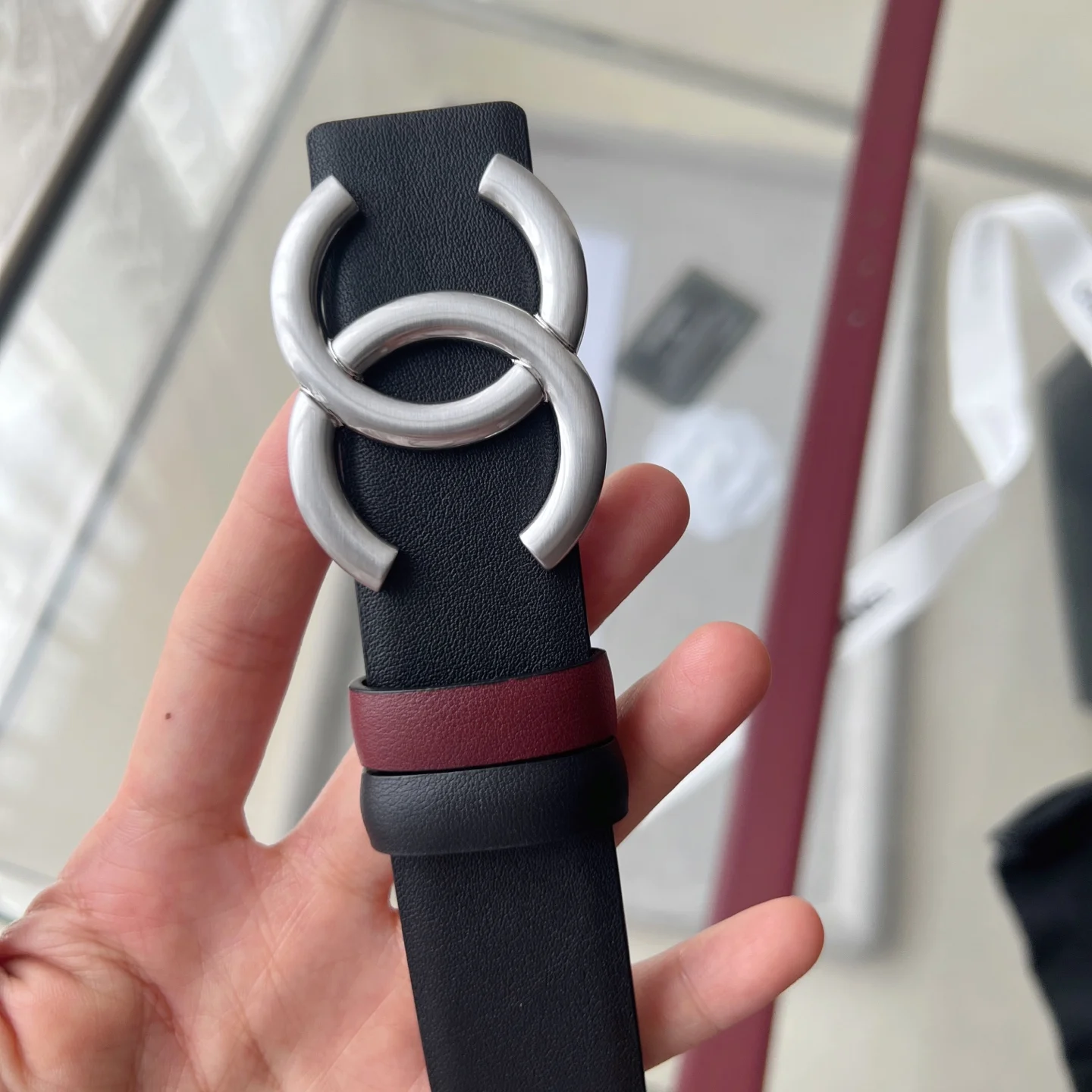 CHANEL Belts Calf Leather Black-Silver-Red 30mm Width A60202609070353 - Image 5