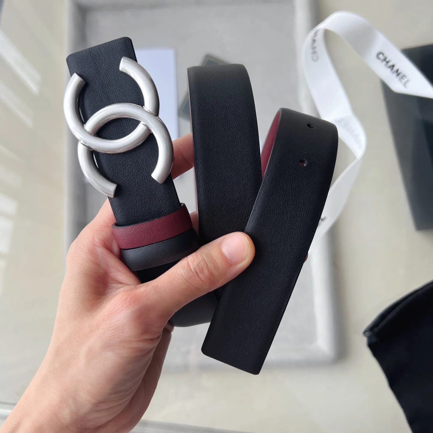 CHANEL Belts Calf Leather Black-Silver-Red 30mm Width A60202609070353 - Image 7