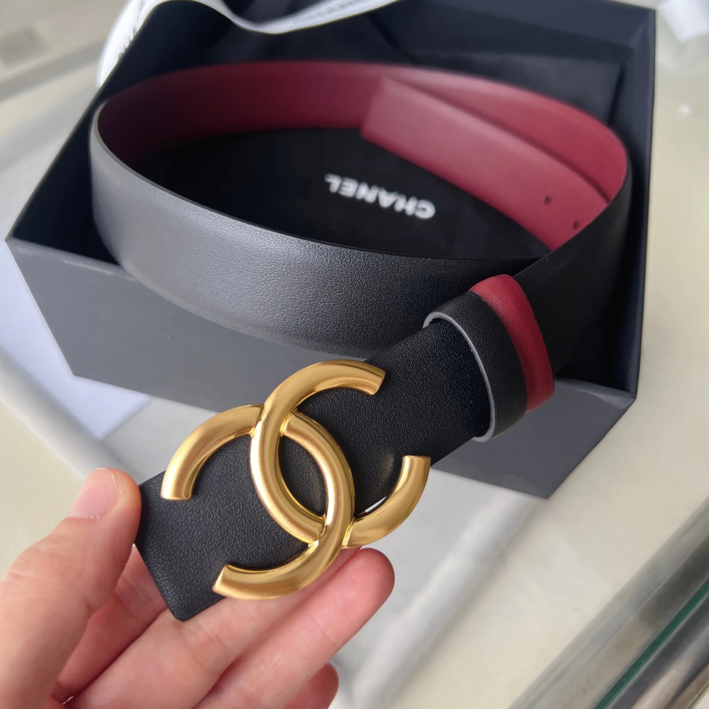 CHANEL Belts Calfskin Leather Black-Gold-Red 30mm Width A60202609070354
