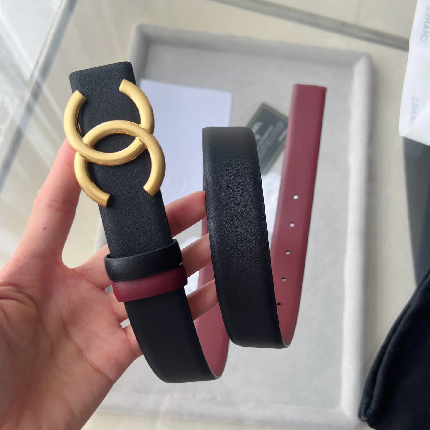 CHANEL Belts Calfskin Leather Black-Gold-Red 30mm Width A60202609070354 - Image 10