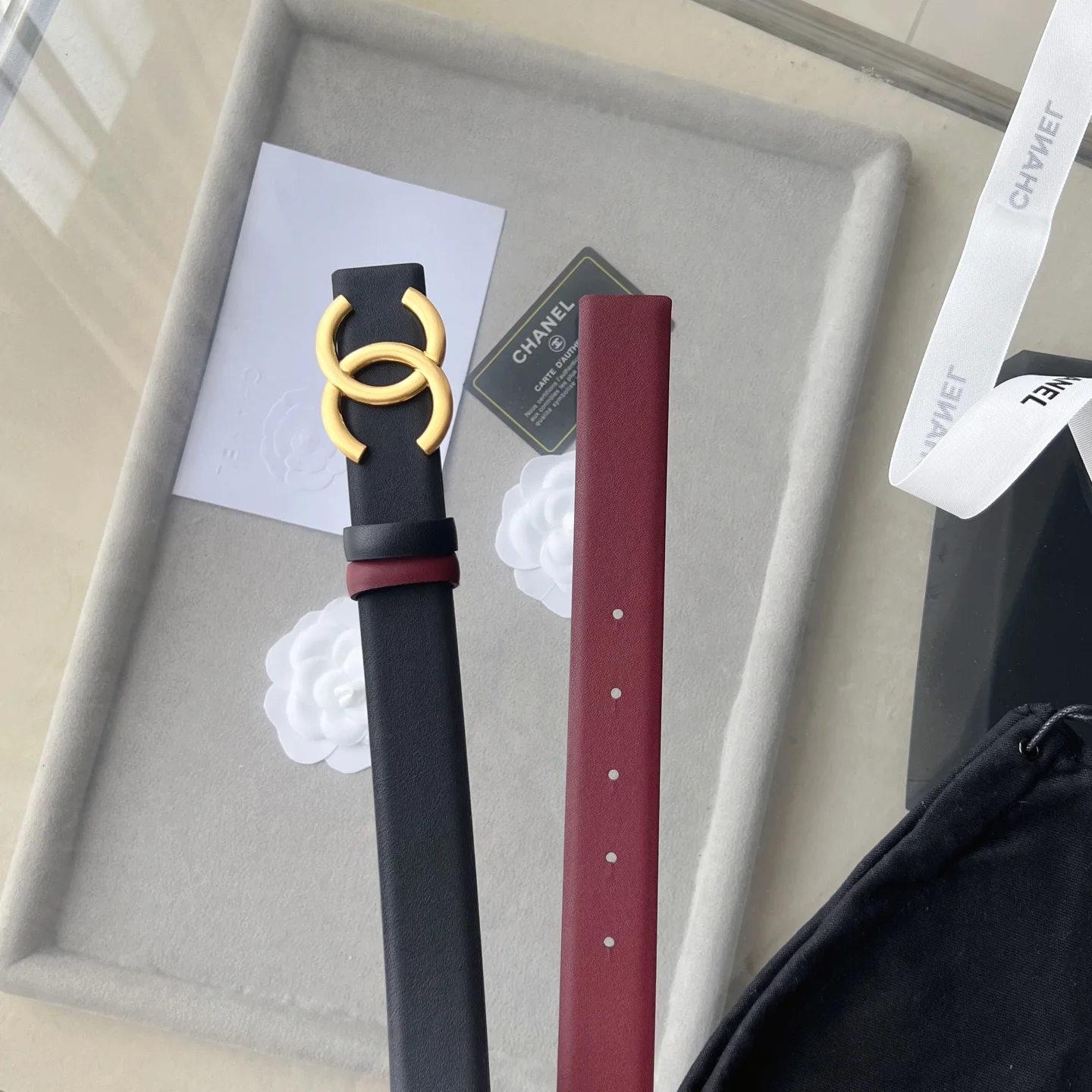 CHANEL Belts Calfskin Leather Black-Gold-Red 30mm Width A60202609070354 - Image 3