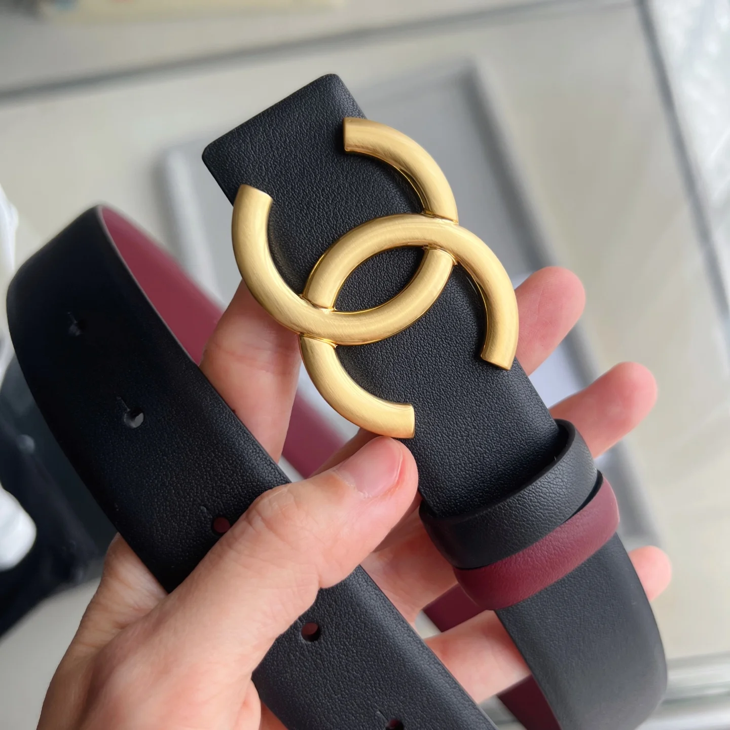 CHANEL Belts Calfskin Leather Black-Gold-Red 30mm Width A60202609070354 - Image 4