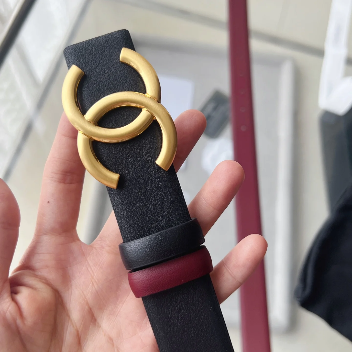 CHANEL Belts Calfskin Leather Black-Gold-Red 30mm Width A60202609070354 - Image 7