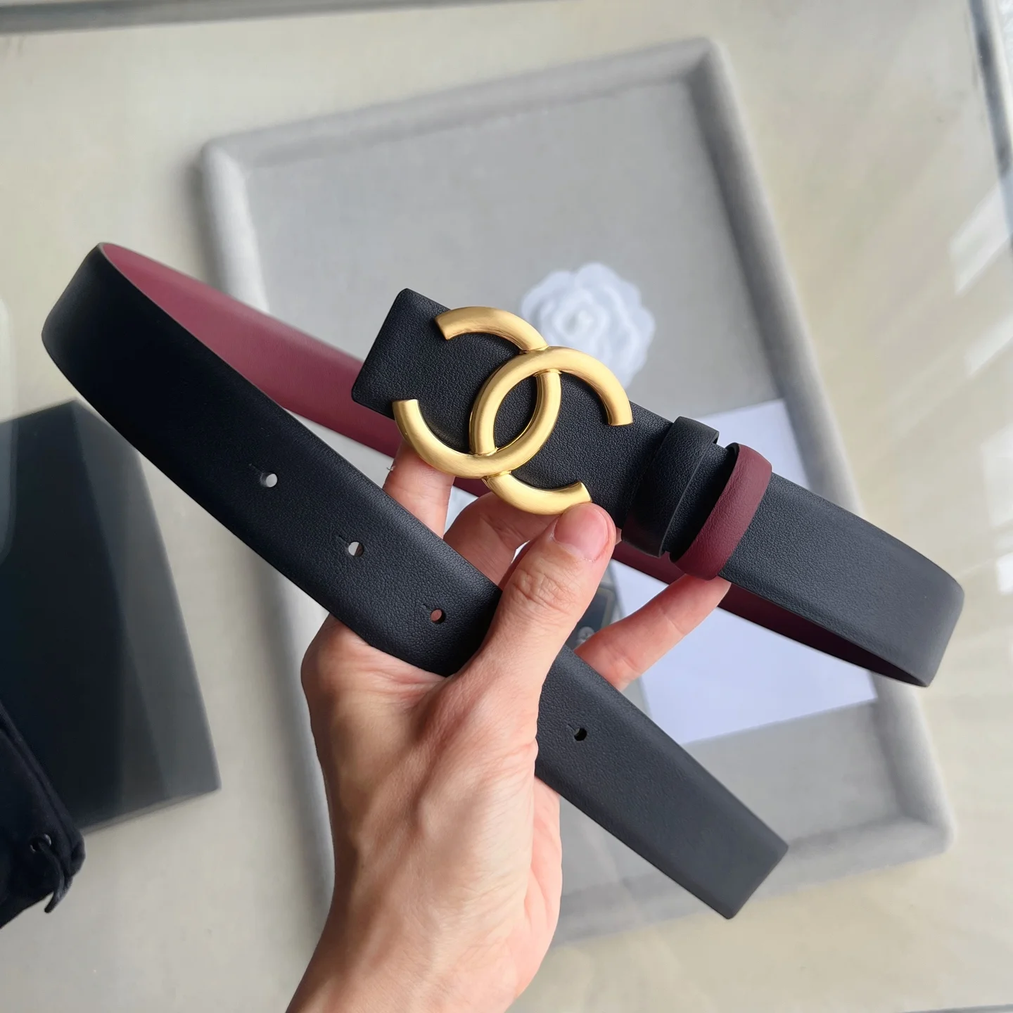 CHANEL Belts Calfskin Leather Black-Gold-Red 30mm Width A60202609070354 - Image 8