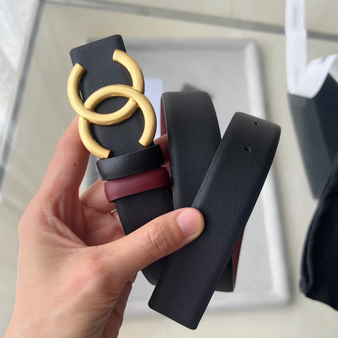 CHANEL Belts Calfskin Leather Black-Gold-Red 30mm Width A60202609070354 - Image 9
