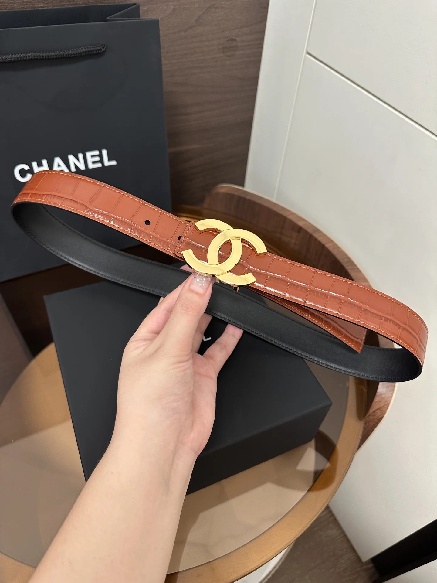 CHANEL Belts Crocodile Embossed Leather Brown-Gold 3cm Width A60202609070240