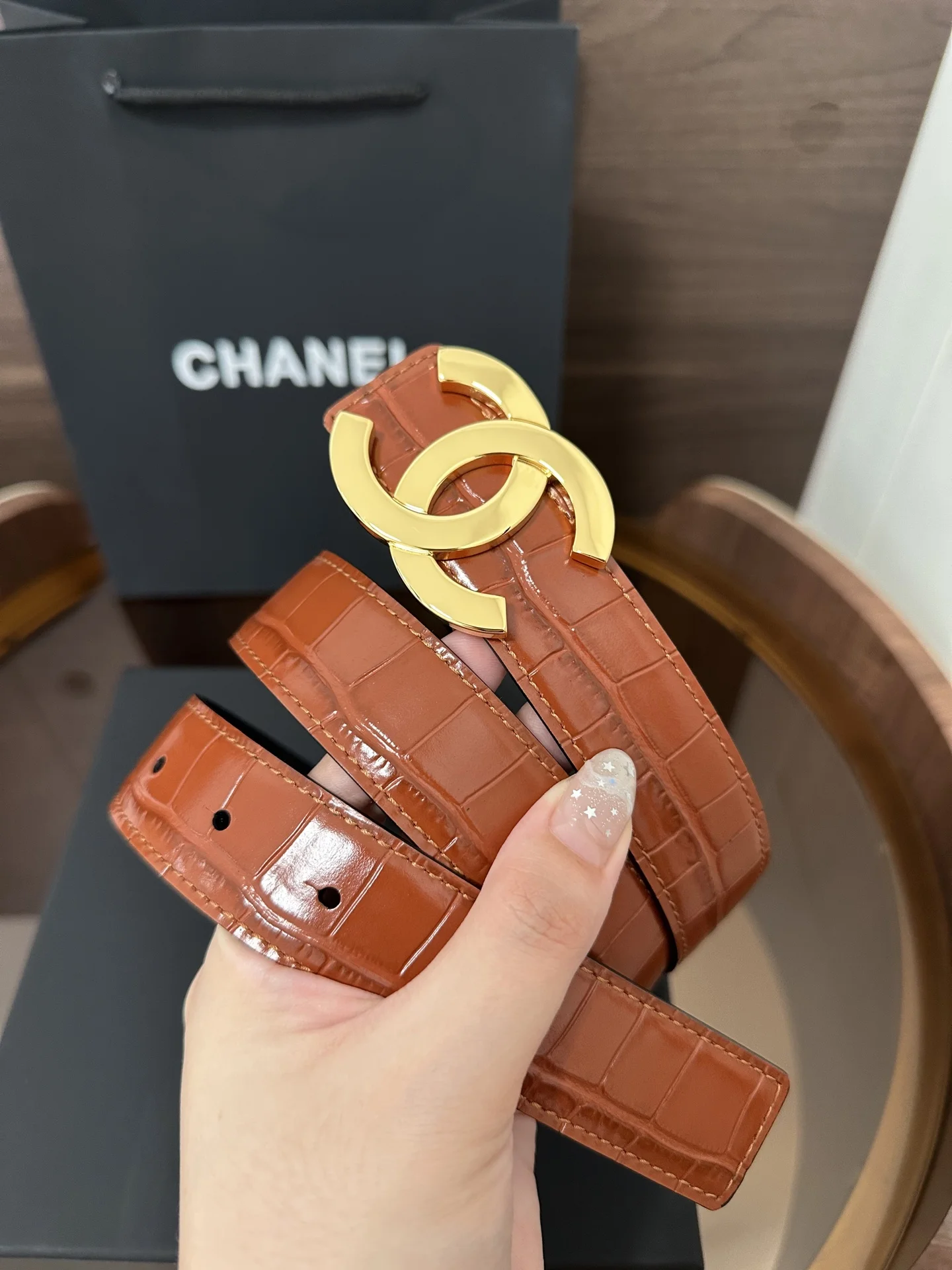 CHANEL Belts Crocodile Embossed Leather Brown-Gold 3cm Width A60202609070240 - Image 2