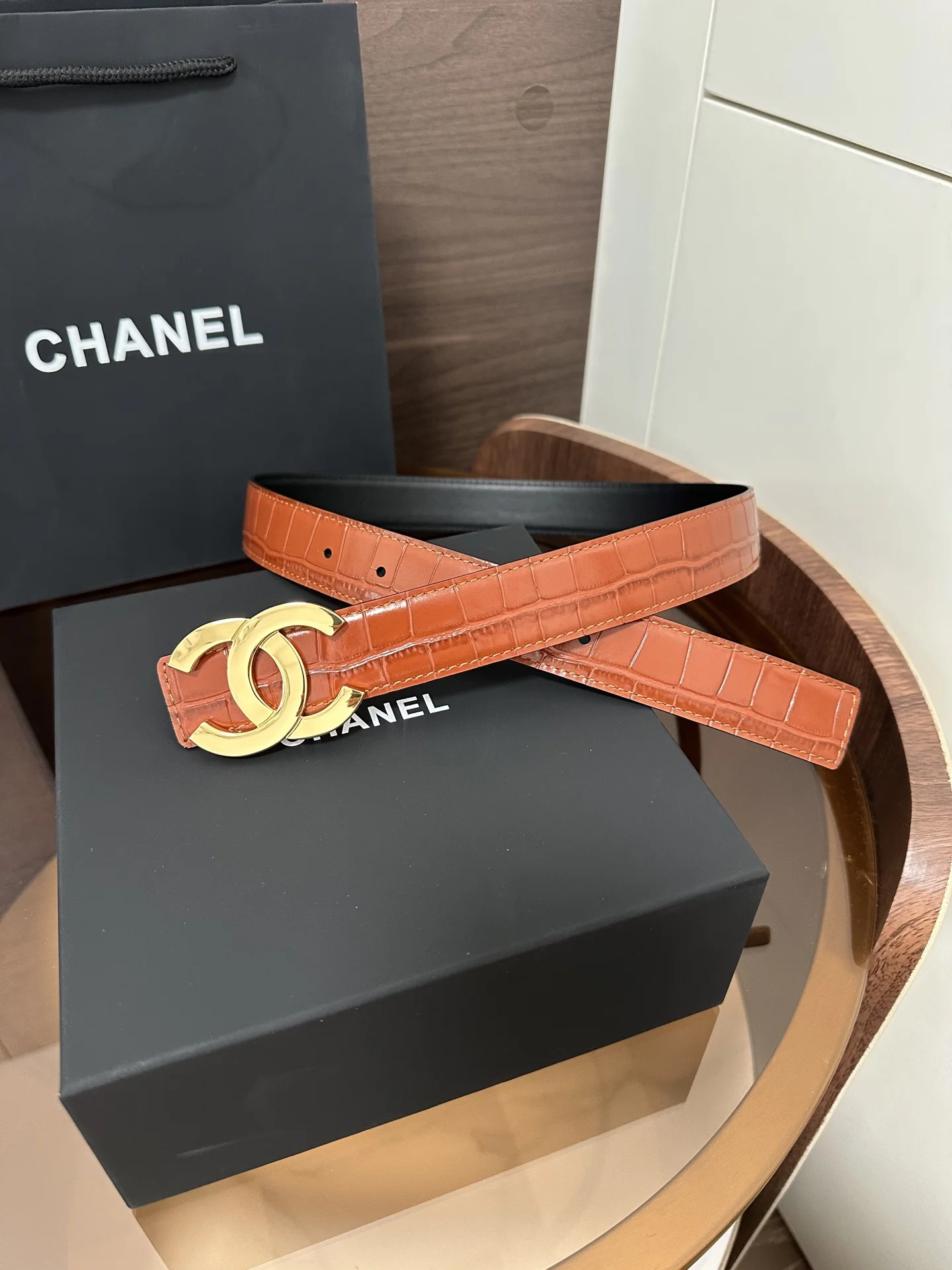 CHANEL Belts Crocodile Embossed Leather Brown-Gold 3cm Width A60202609070240 - Image 3