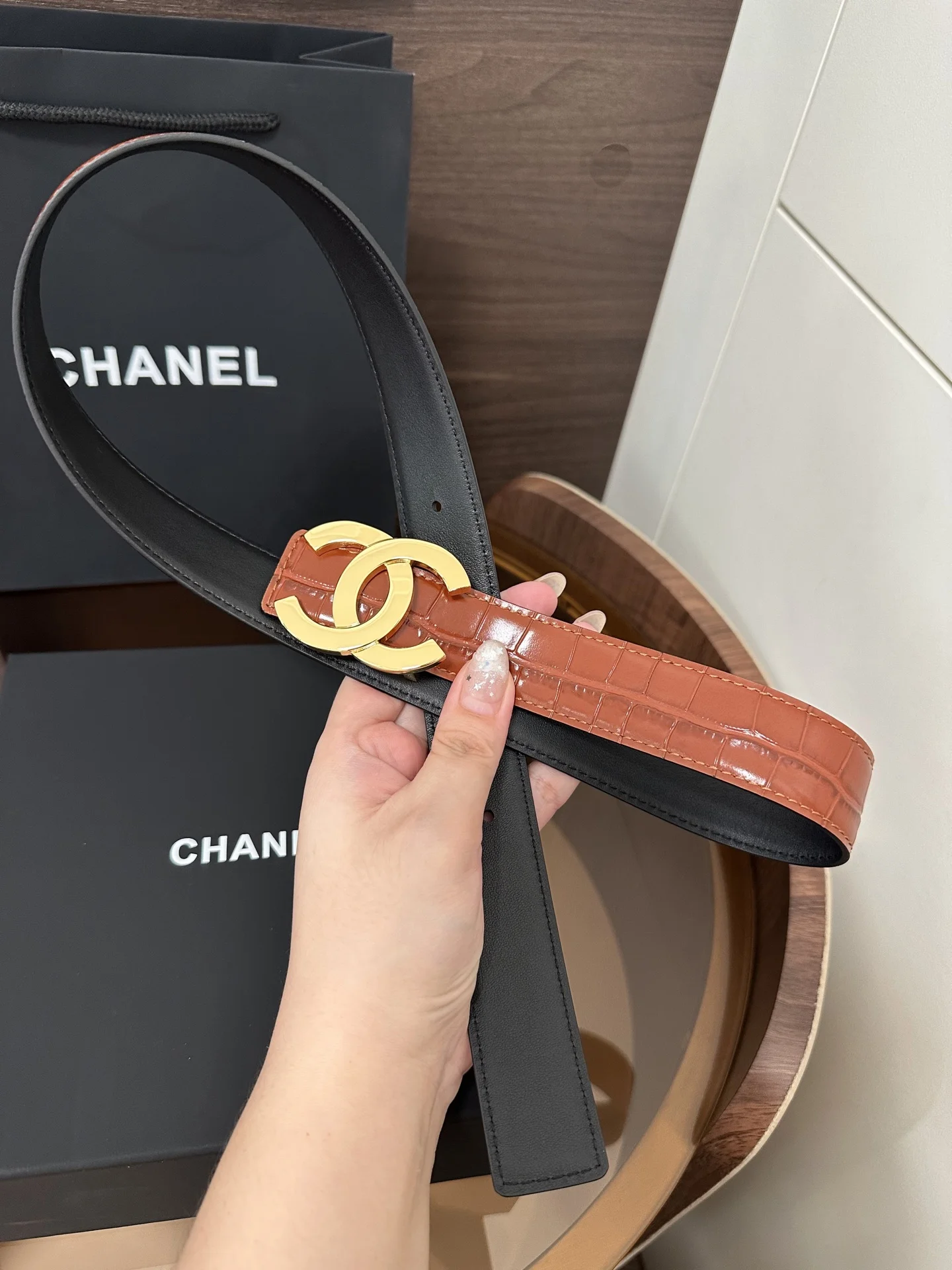 CHANEL Belts Crocodile Embossed Leather Brown-Gold 3cm Width A60202609070240 - Image 4