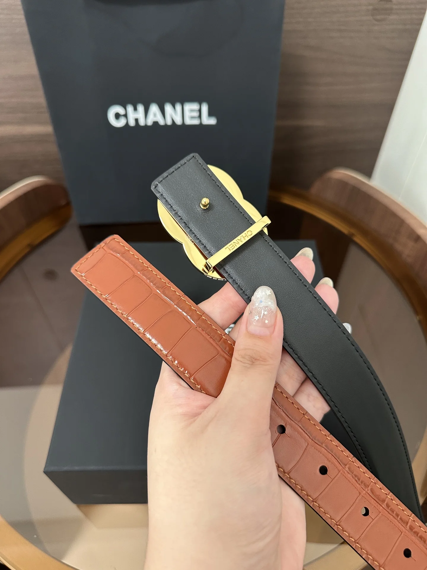 CHANEL Belts Crocodile Embossed Leather Brown-Gold 3cm Width A60202609070240 - Image 5