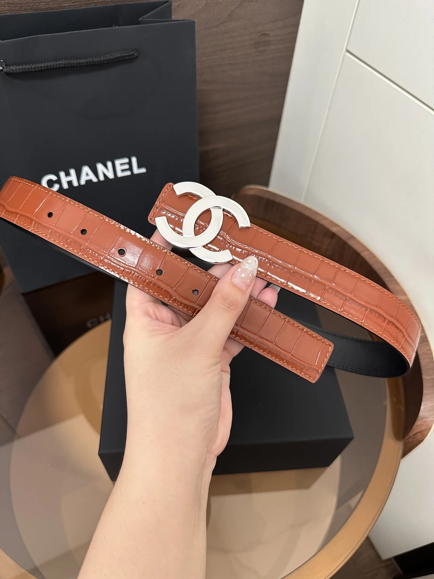 CHANEL Belts Crocodile Embossed Leather Brown-Gold 3cm Width A60202609070240 - Image 7
