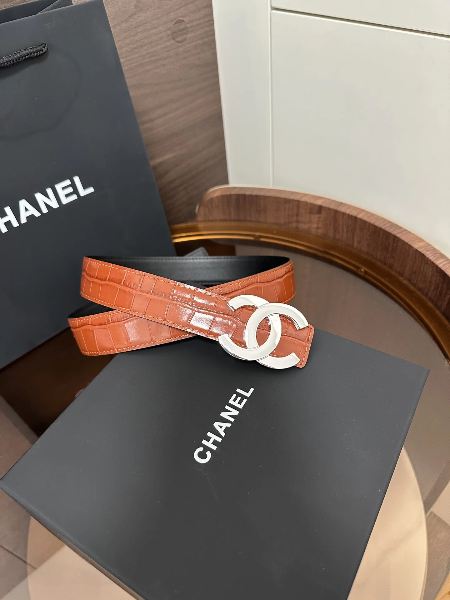 CHANEL Belts Crocodile Embossed Leather Brown-Gold 3cm Width A60202609070240 - Image 8
