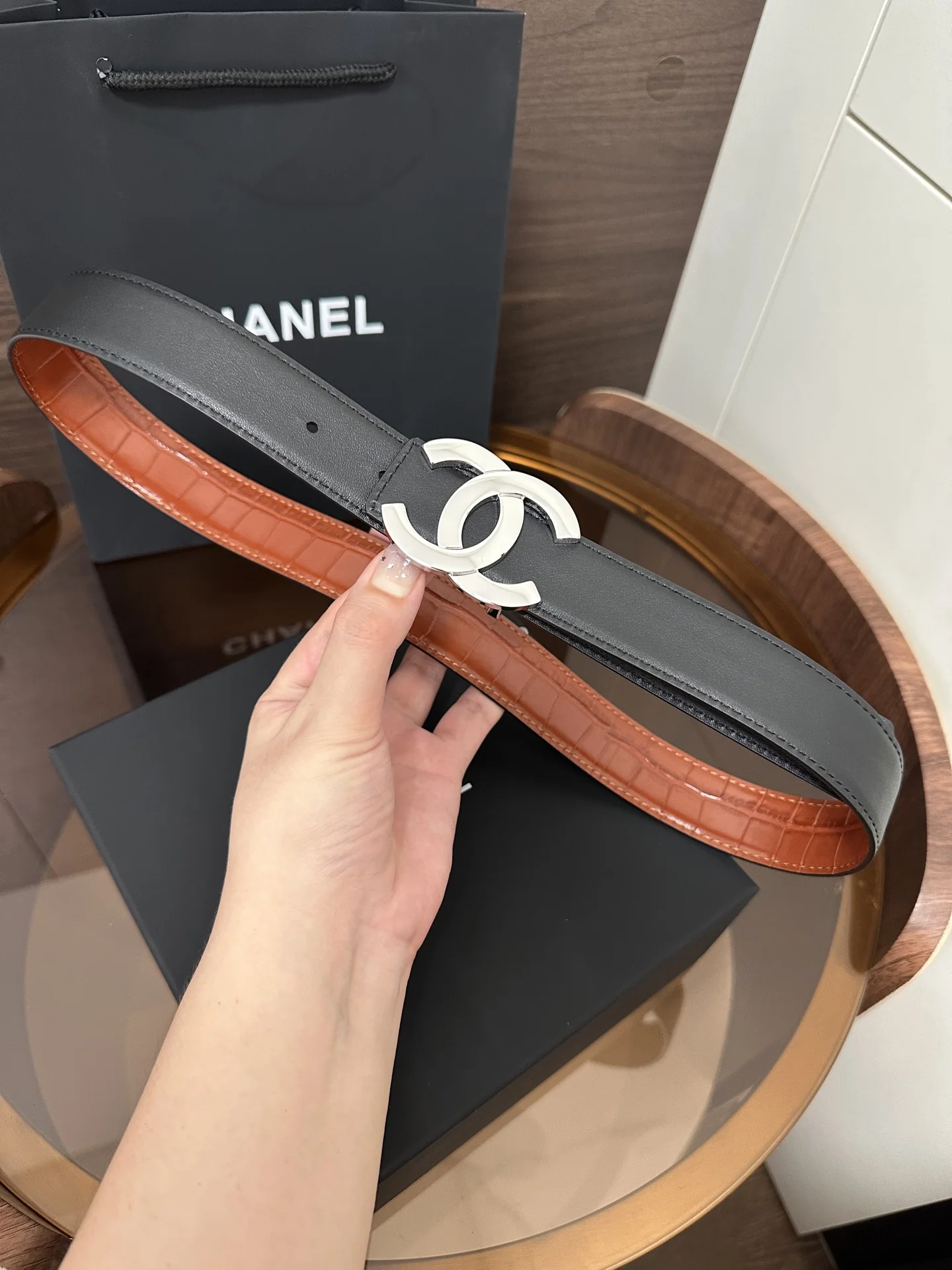 CHANEL Belts Crocodile Embossed Leather Brown-Gold 3cm Width A60202609070240 - Image 9