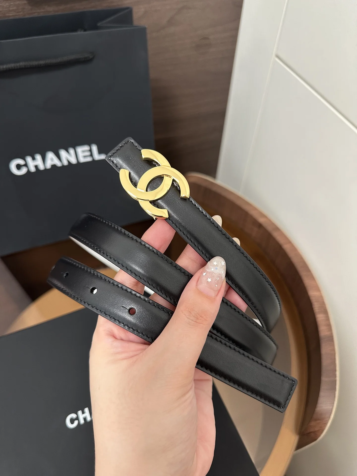 CHANEL Belts Leather Black-Gold 2cm Width A60202609070222 - Image 2