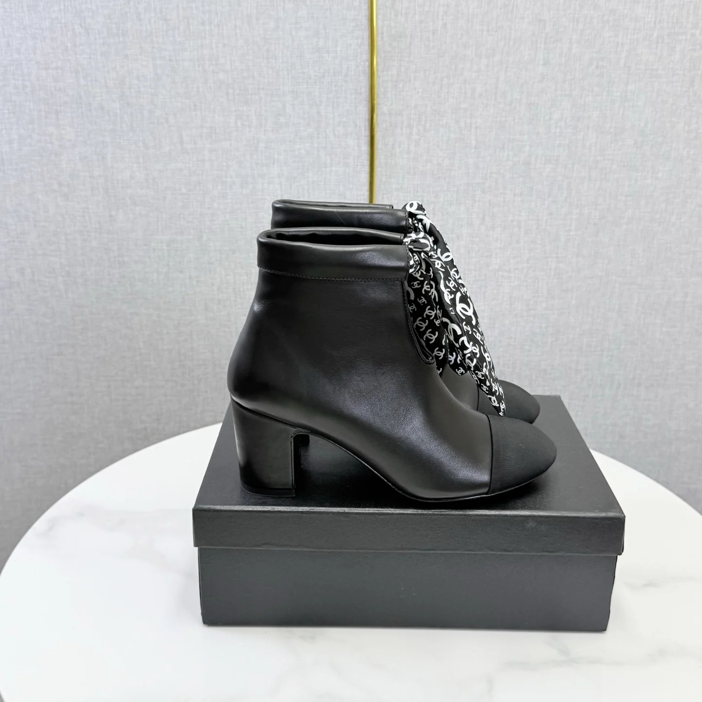 CHANEL Booties Calfskin Leather Black-White EU35-39 C40202609110593