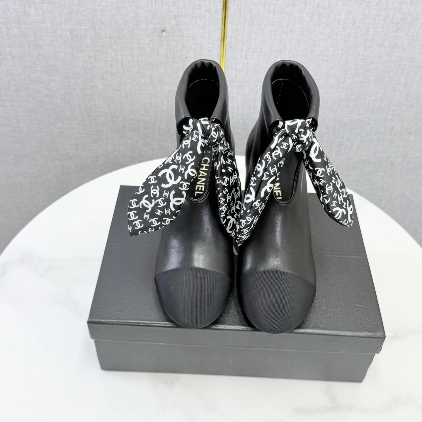 CHANEL Booties Calfskin Leather Black-White EU35-39 C40202609110593 - Image 2