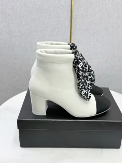 CHANEL Booties Calfskin Leather White-Black EU35-39 C40202609110594
