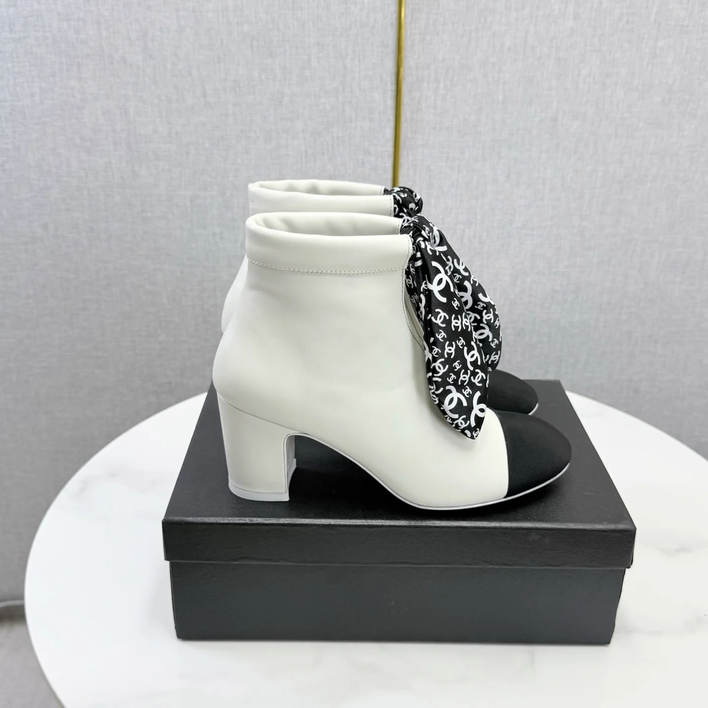 CHANEL Booties Calfskin Leather White-Black EU35-39 C40202609110594