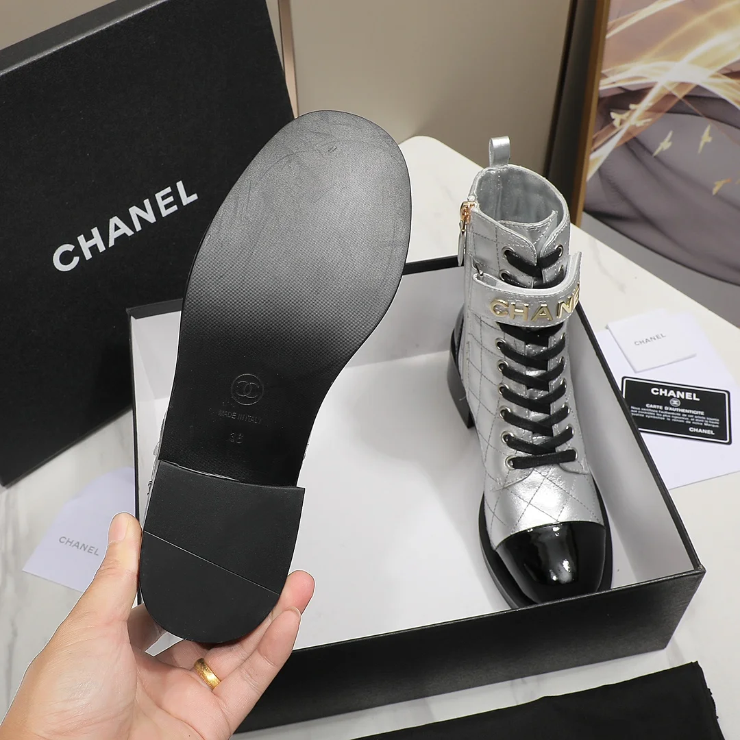 CHANEL Boots Calf Leather Silver-Black EU35-40 C10202609111254 - Image 8