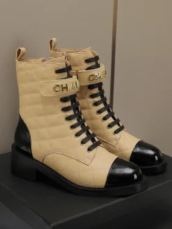 CHANEL Boots Calfskin Leather Beige-Black EU35-40 C10202609111251