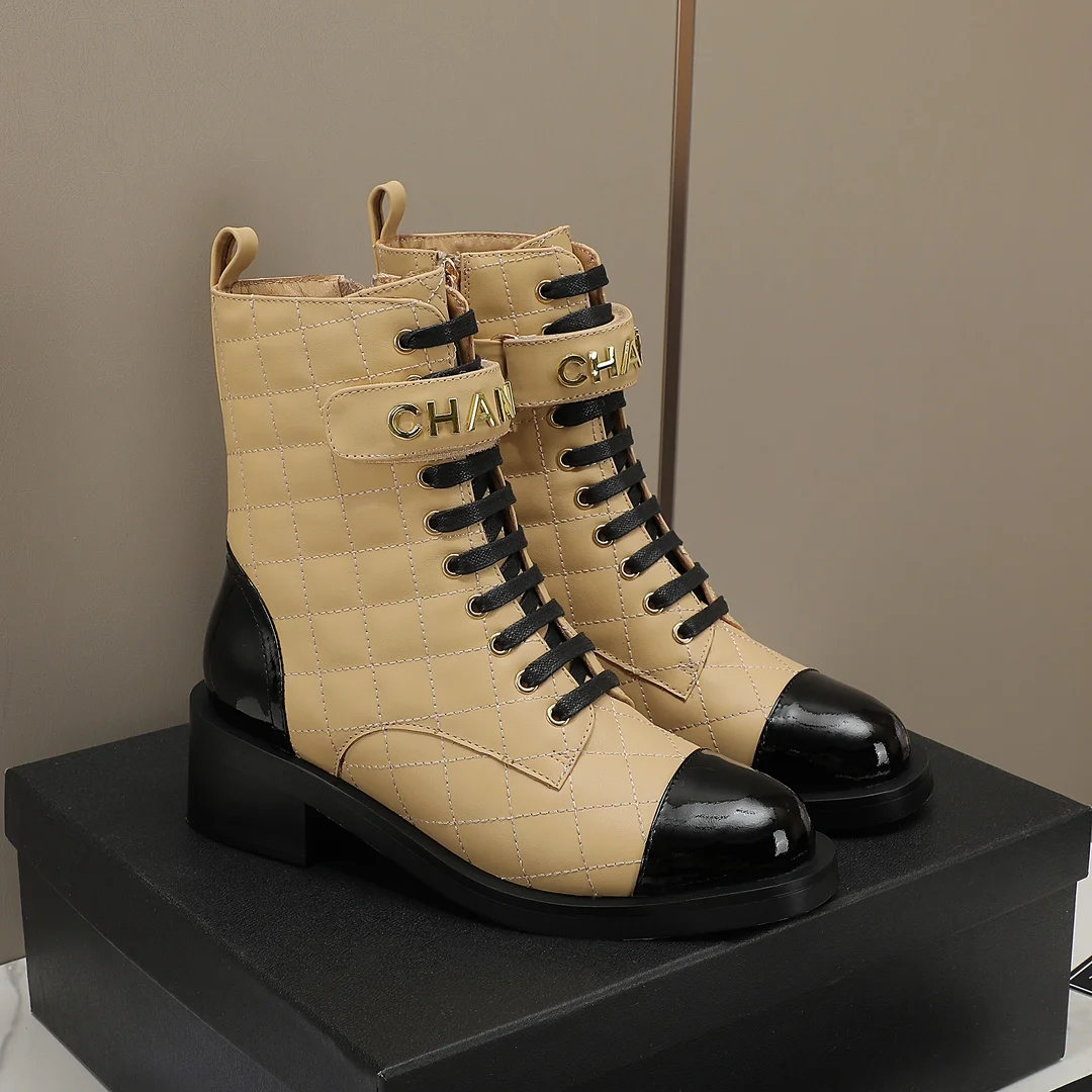 CHANEL Boots Calfskin Leather Beige-Black EU35-40 C10202609111251