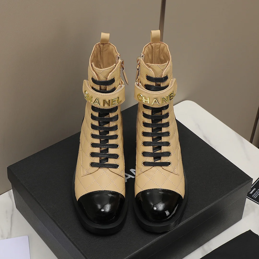 CHANEL Boots Calfskin Leather Beige-Black EU35-40 C10202609111251 - Image 3