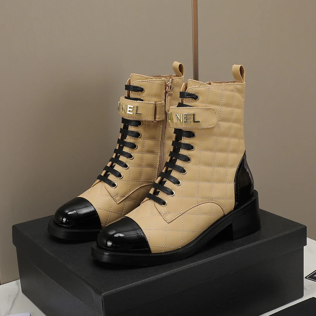 CHANEL Boots Calfskin Leather Beige-Black EU35-40 C10202609111251 - Image 4