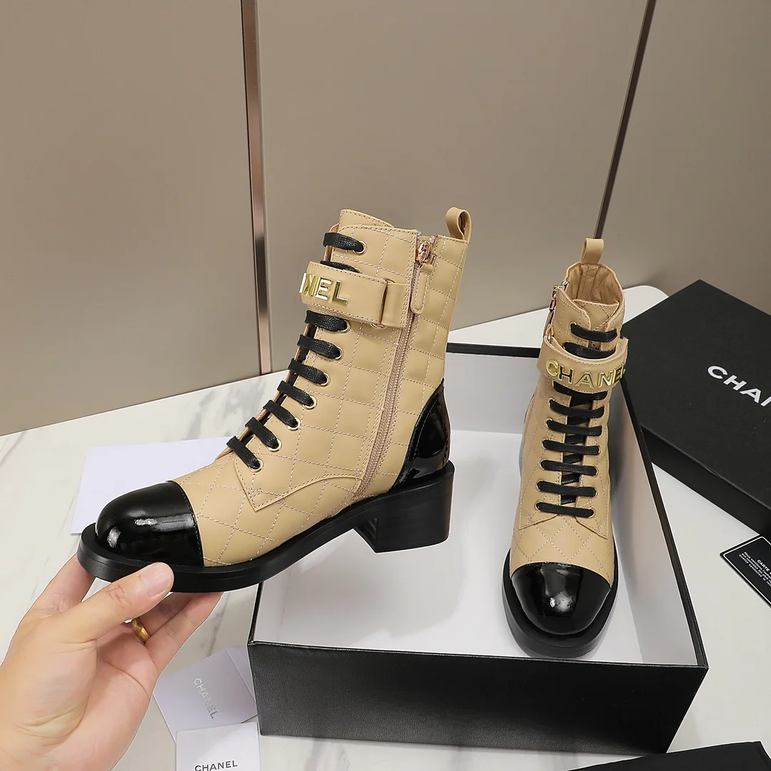 CHANEL Boots Calfskin Leather Beige-Black EU35-40 C10202609111251 - Image 6