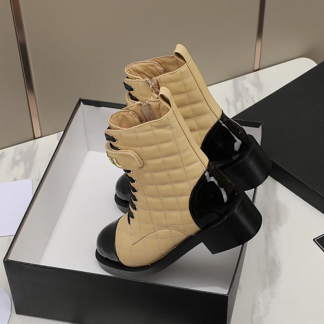 CHANEL Boots Calfskin Leather Beige-Black EU35-40 C10202609111251 - Image 7
