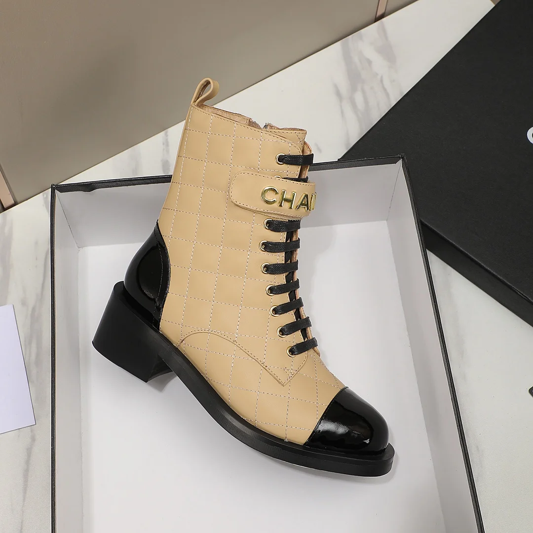 CHANEL Boots Calfskin Leather Beige-Black EU35-40 C10202609111251 - Image 8