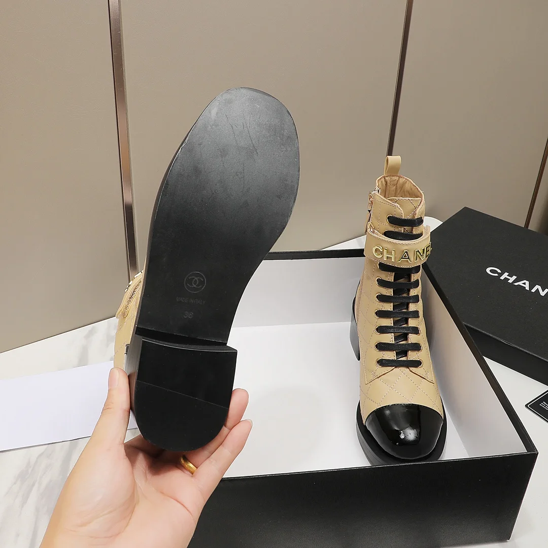 CHANEL Boots Calfskin Leather Beige-Black EU35-40 C10202609111251 - Image 9