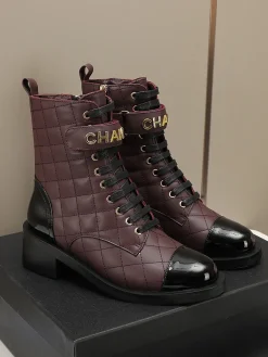 CHANEL Boots Calfskin Leather Burgundy-Black EU35-40 C10202609111250