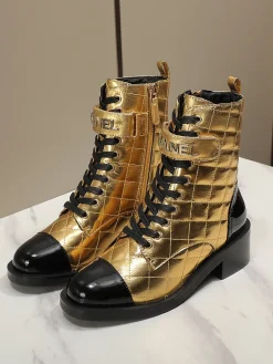 CHANEL Boots Calfskin Leather Gold-Black EU35-40 C10202609111253