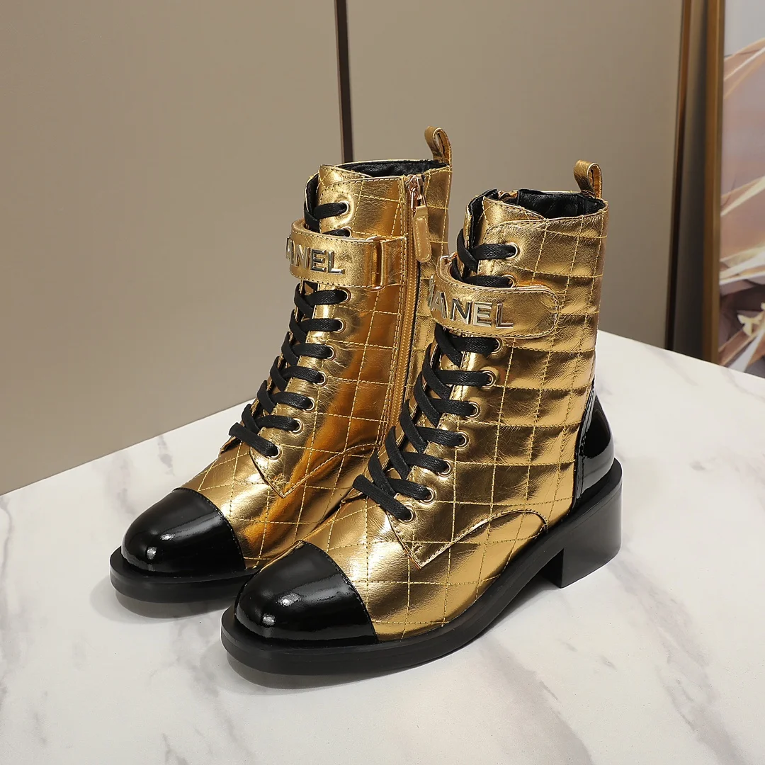 CHANEL Boots Calfskin Leather Gold-Black EU35-40 C10202609111253