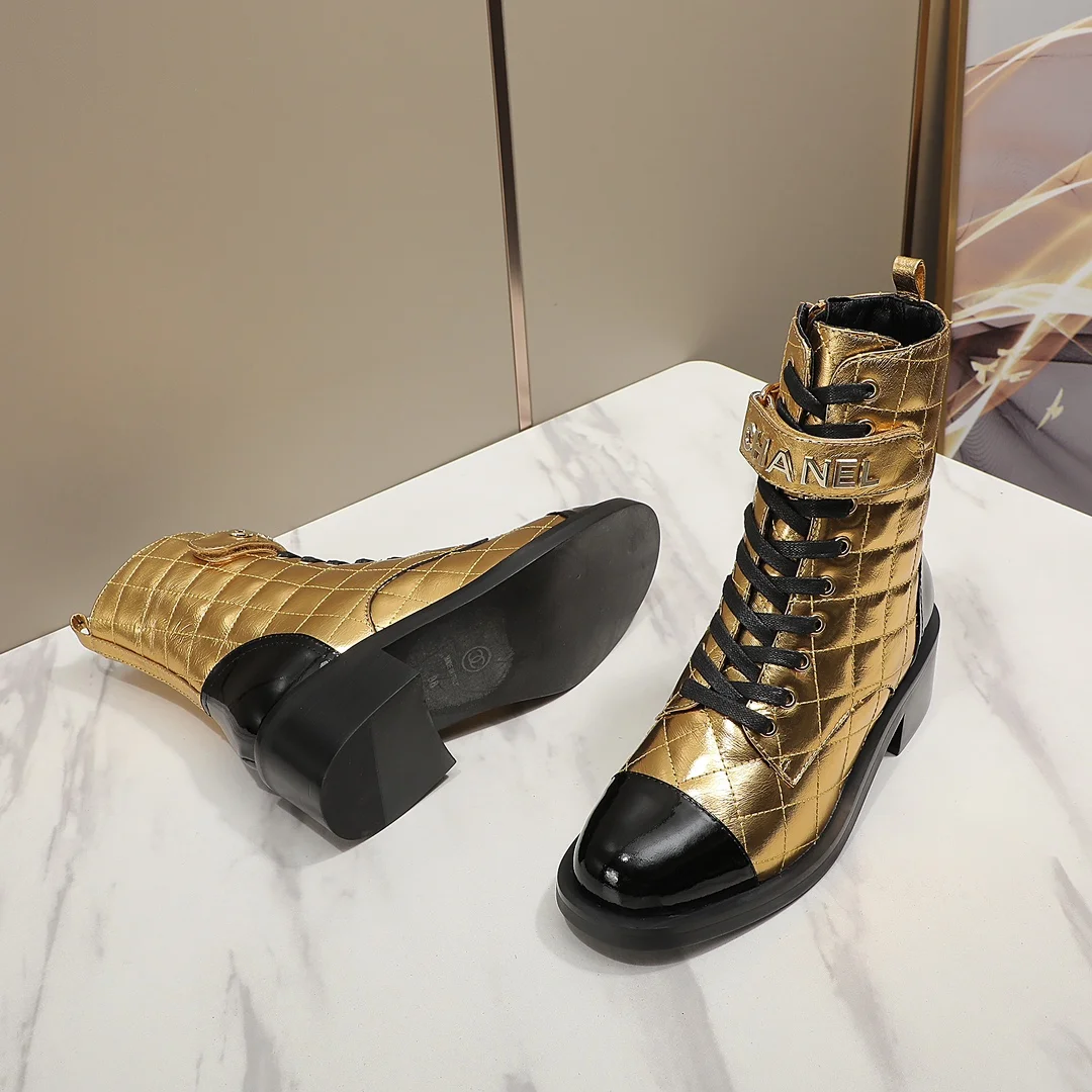 CHANEL Boots Calfskin Leather Gold-Black EU35-40 C10202609111253 - Image 4
