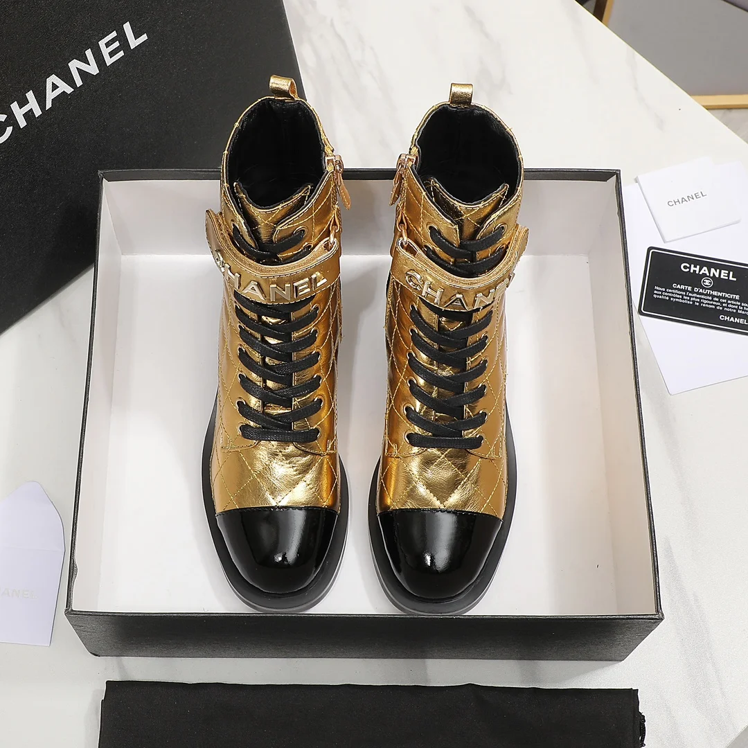 CHANEL Boots Calfskin Leather Gold-Black EU35-40 C10202609111253 - Image 5