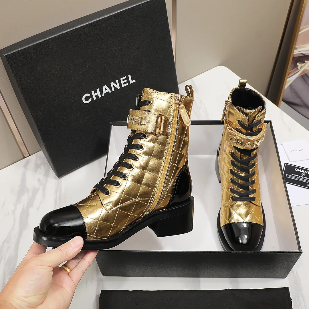 CHANEL Boots Calfskin Leather Gold-Black EU35-40 C10202609111253 - Image 6
