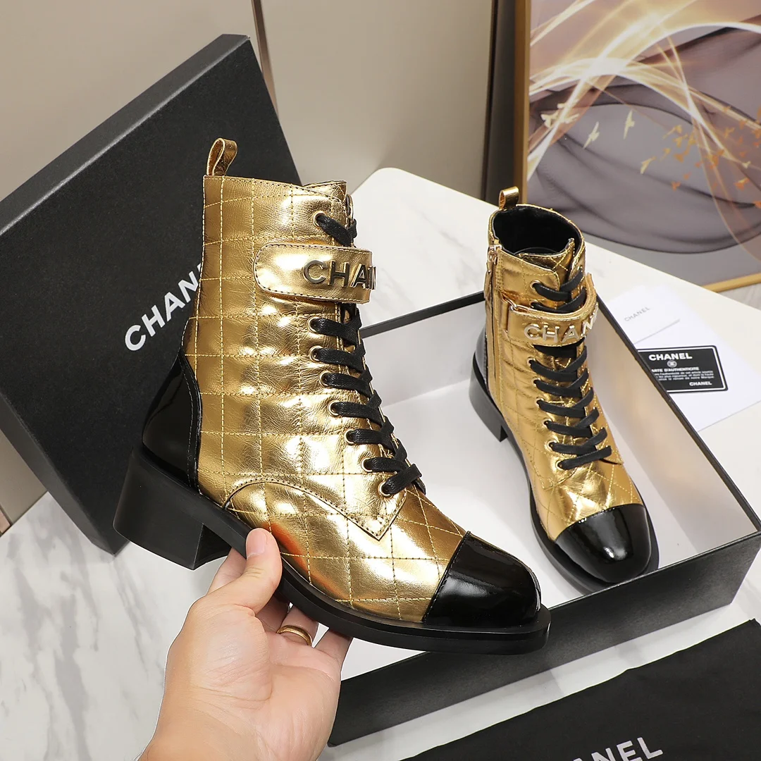 CHANEL Boots Calfskin Leather Gold-Black EU35-40 C10202609111253 - Image 7