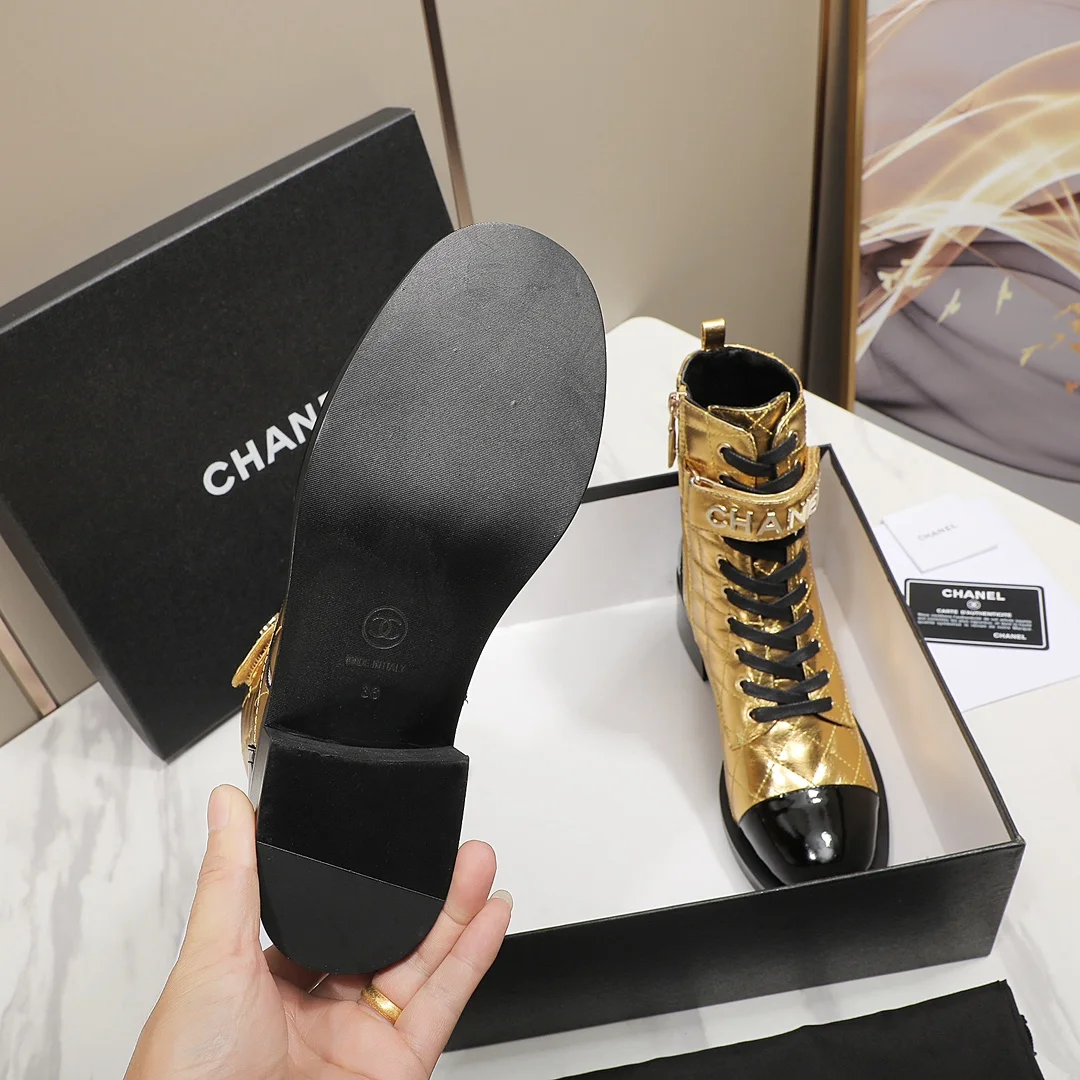 CHANEL Boots Calfskin Leather Gold-Black EU35-40 C10202609111253 - Image 8