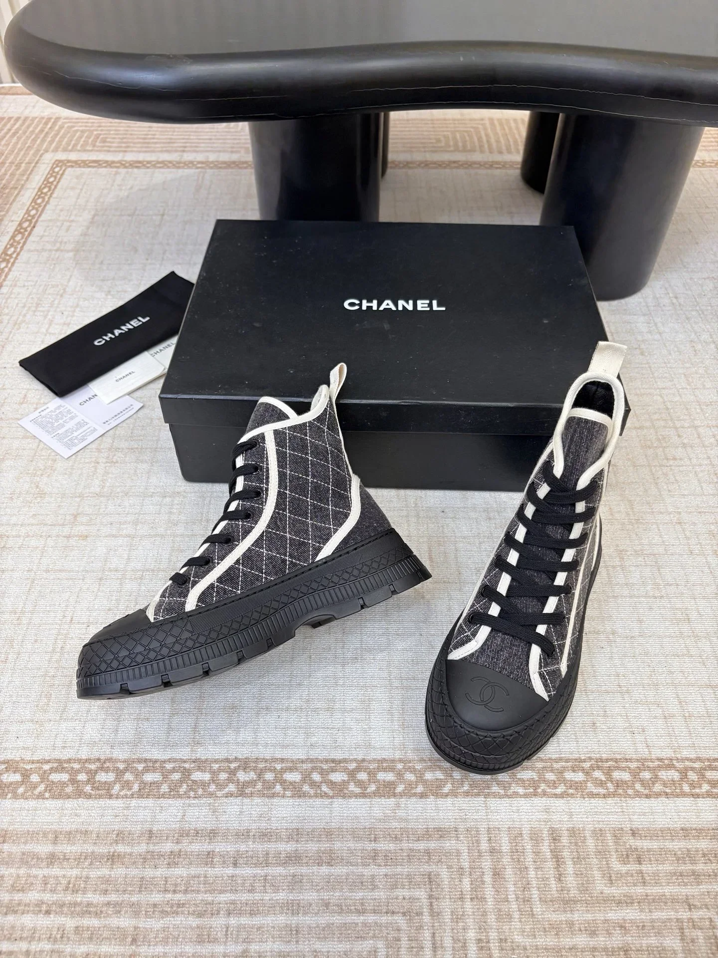 CHANEL Boots Lambskin Black-White EU35-40 C60202609111994 - Image 6