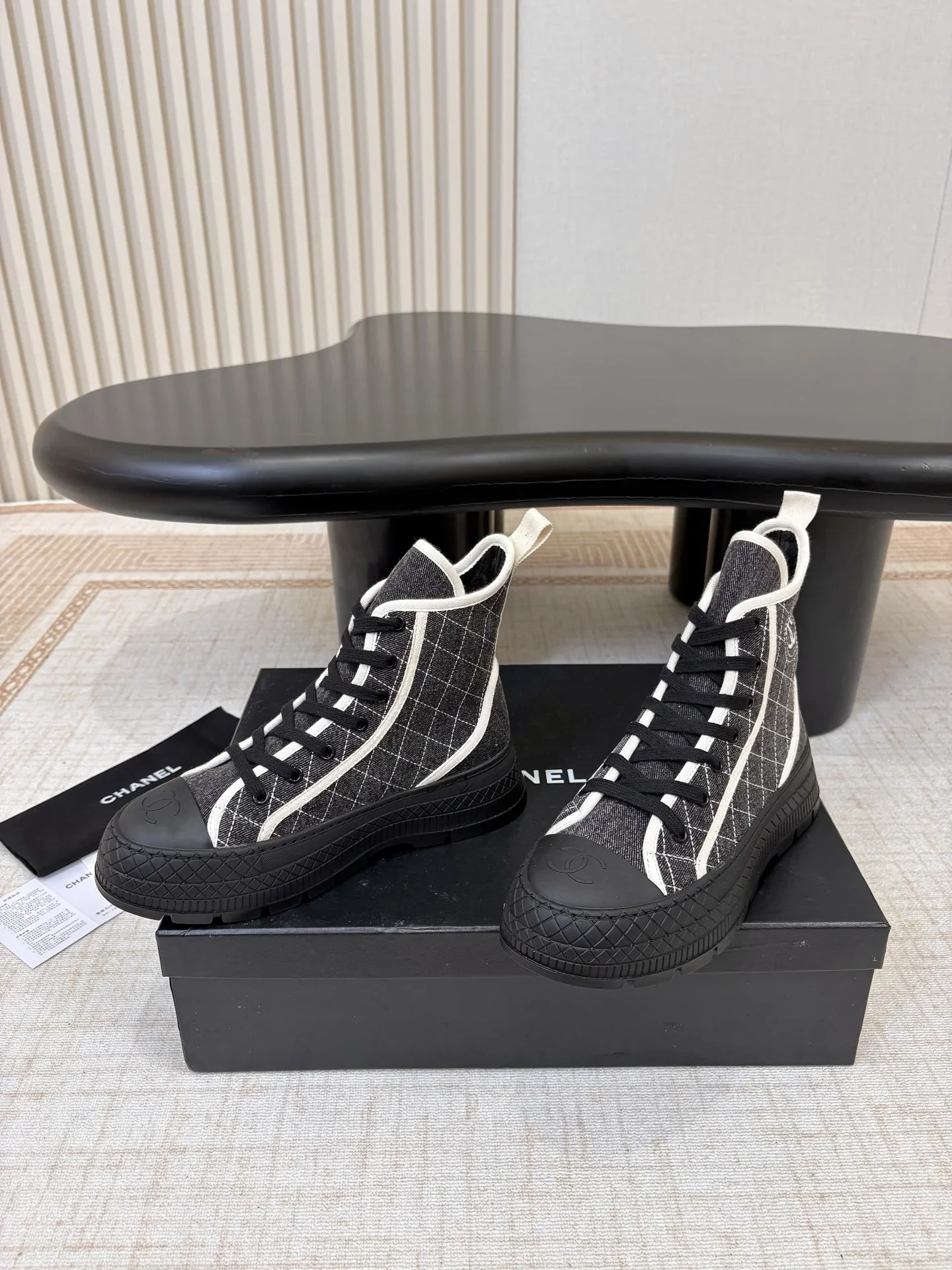 CHANEL Boots Lambskin Black-White EU35-40 C60202609111994 - Image 7