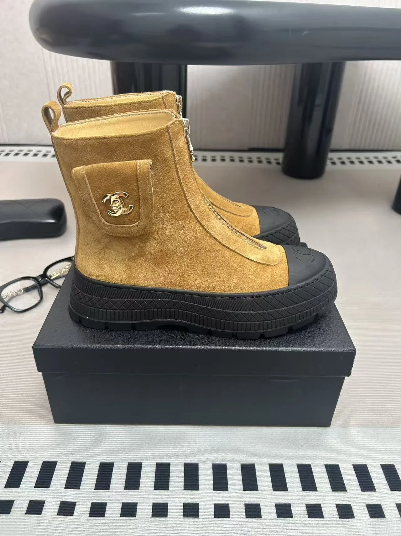 CHANEL Boots Suede Leather Tan-Black EU35-39 C60202609111995