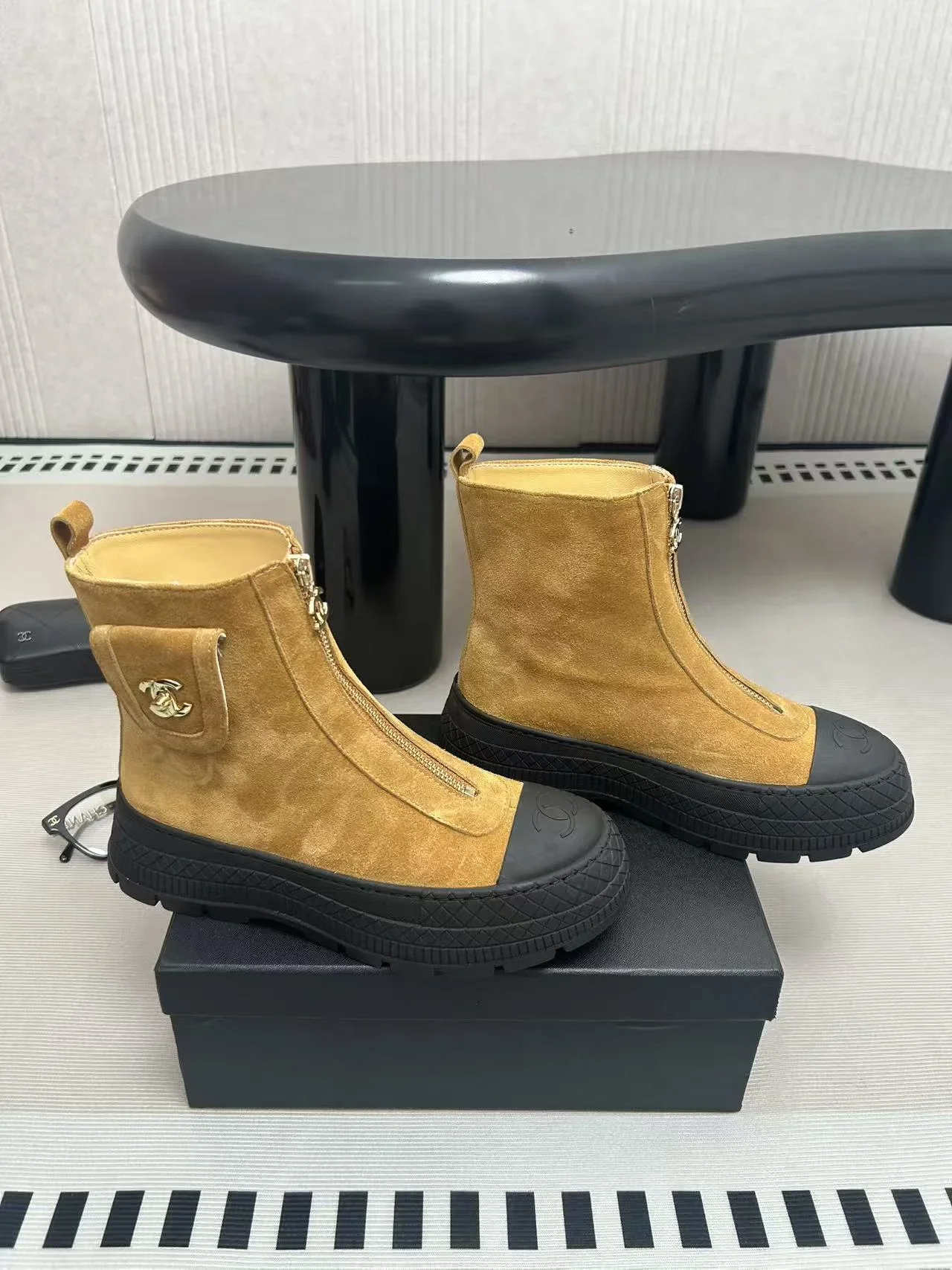 CHANEL Boots Suede Leather Tan-Black EU35-39 C60202609111995 - Image 6