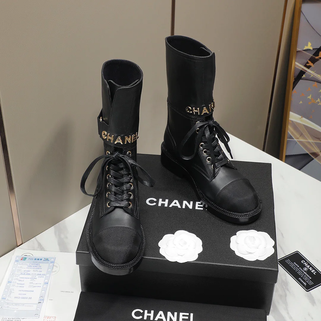 CHANEL Boots Tweed Grosgrain Black-Gold EU35-40 C50202609111257 - Image 4