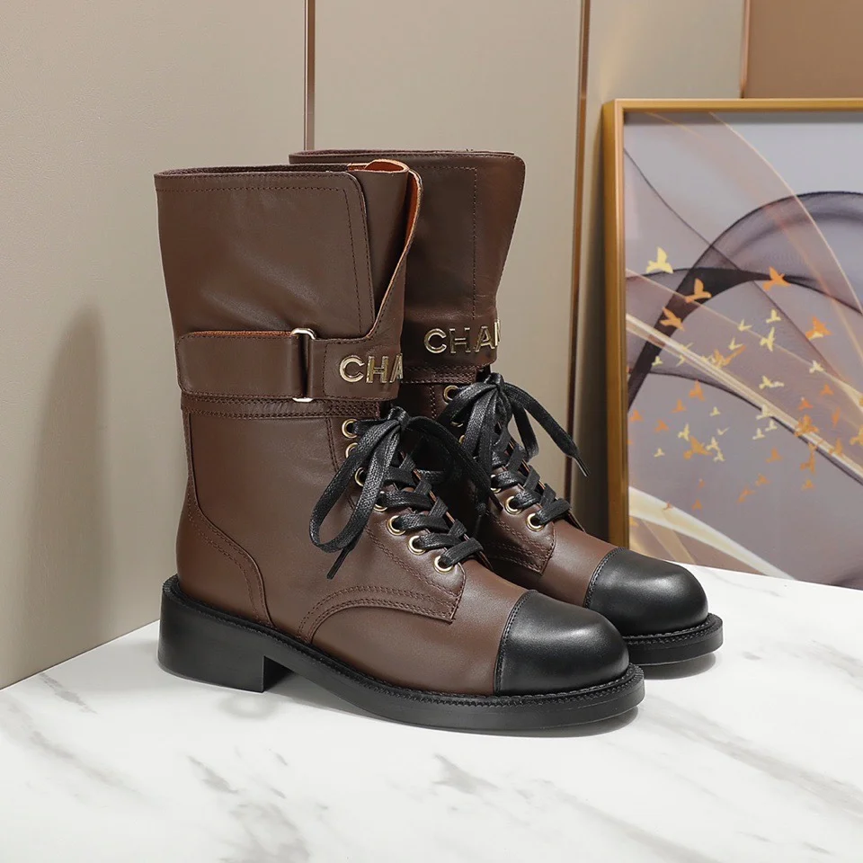 CHANEL Boots Tweed Grosgrain Brown-Black EU35-40 C50202609111259