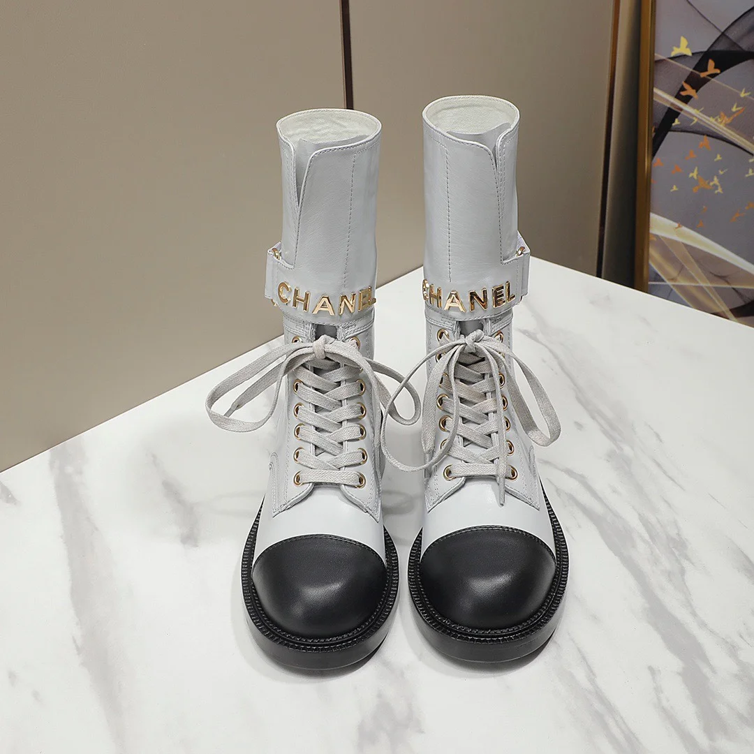 CHANEL Boots Tweed Grosgrain White-Black-Gold EU35-40 C50202609111258