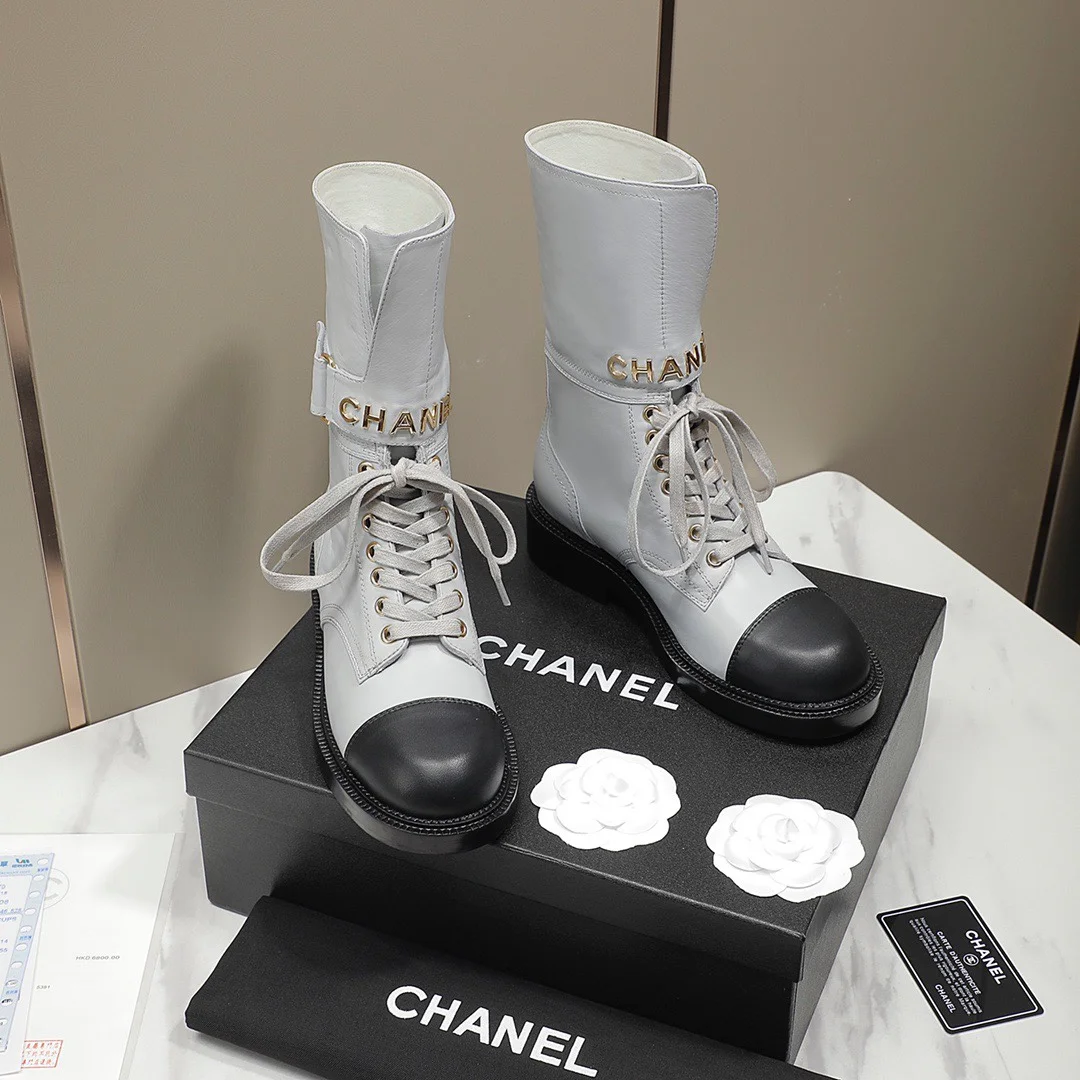 CHANEL Boots Tweed Grosgrain White-Black-Gold EU35-40 C50202609111258 - Image 4