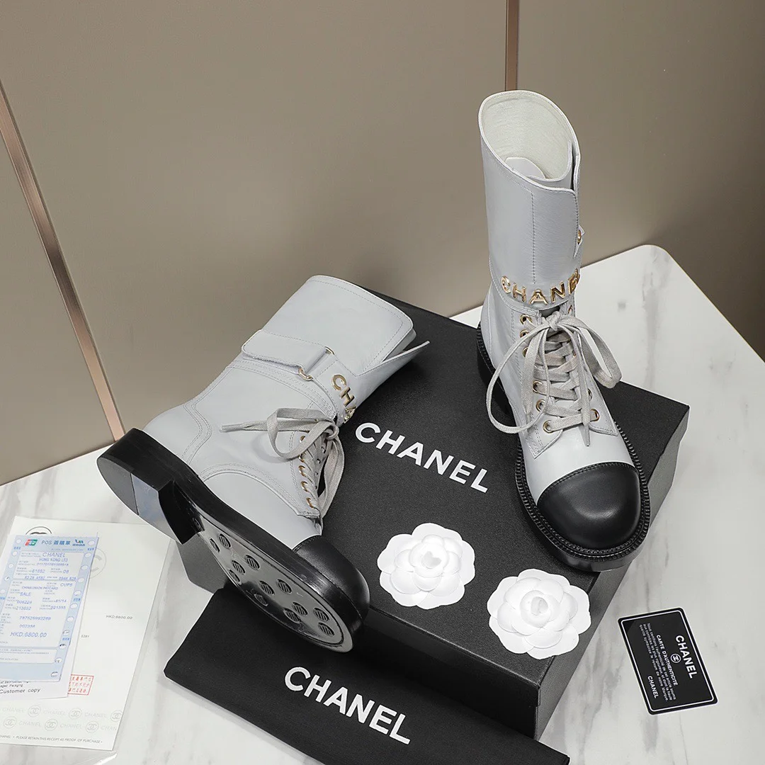 CHANEL Boots Tweed Grosgrain White-Black-Gold EU35-40 C50202609111258 - Image 5