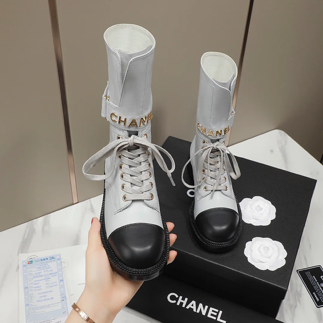 CHANEL Boots Tweed Grosgrain White-Black-Gold EU35-40 C50202609111258 - Image 6