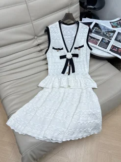 CHANEL Dresses Knit Fabric White-Black S-M-L C10202609063154